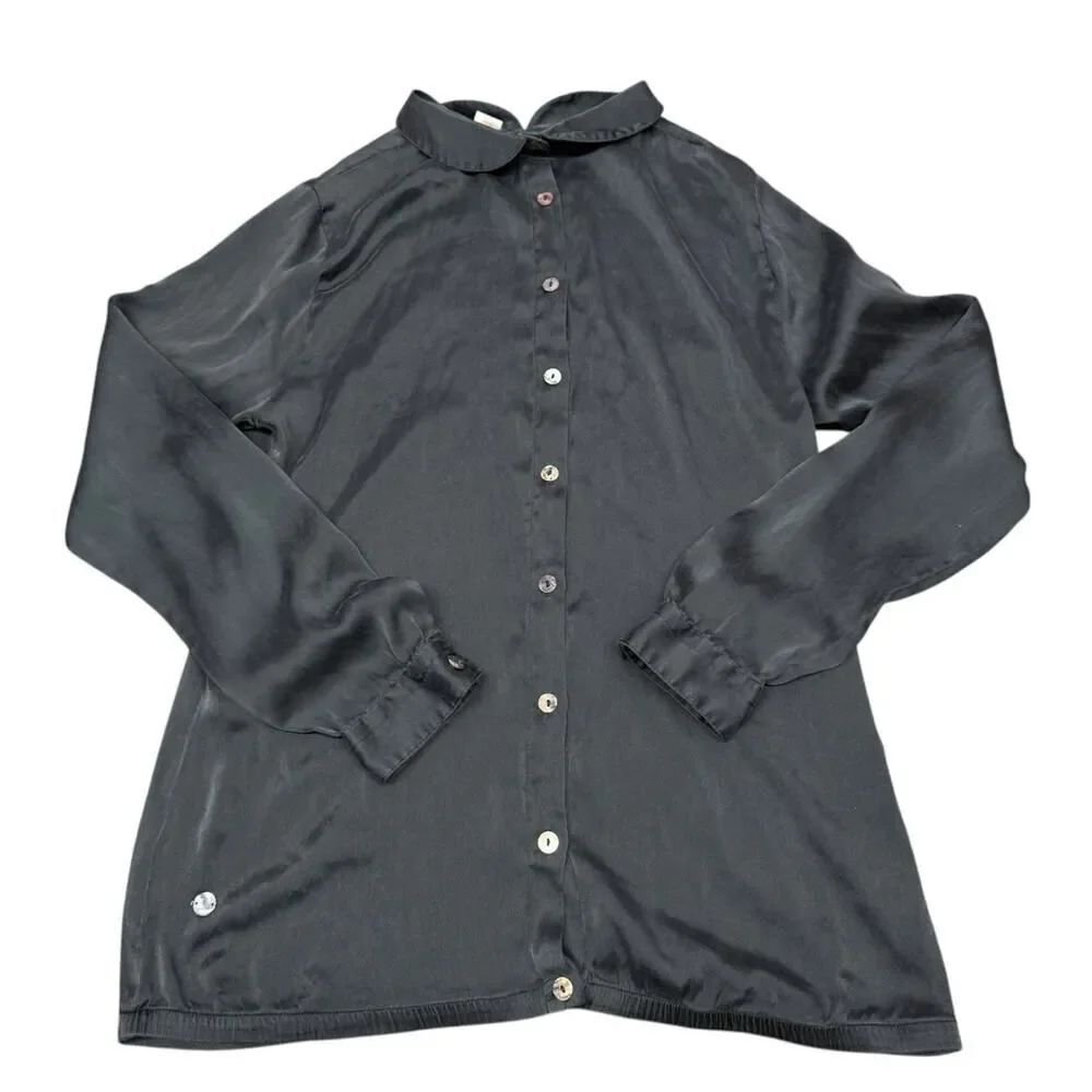 Hugo Boss Black Silk Button Front Blouse Peter Pan Collar Long Sleeve US 4